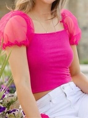 Altar'd State Hot Pink Ribbed Puff-Sleeve Crop Top